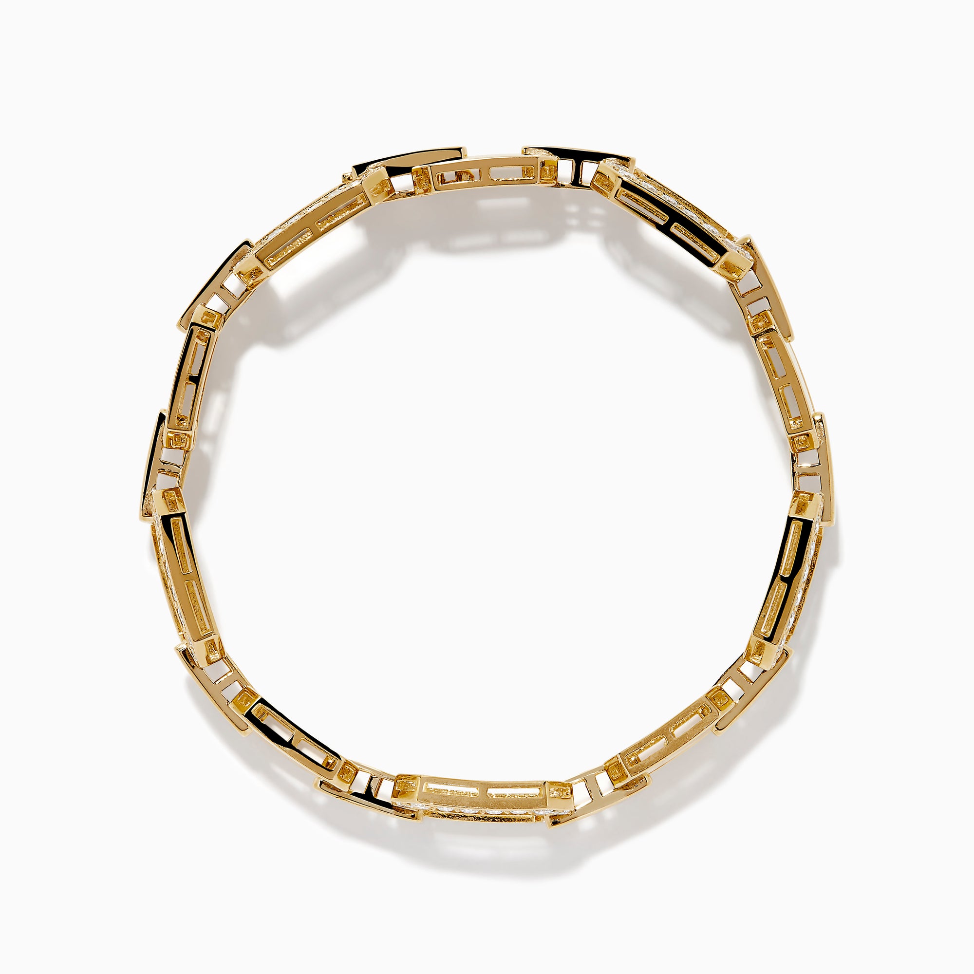 The D'Oro 14K Yellow Gold Diamond Bracelet features large rectangular links adorned with rows of sparkling diamonds, showcased against a white background.