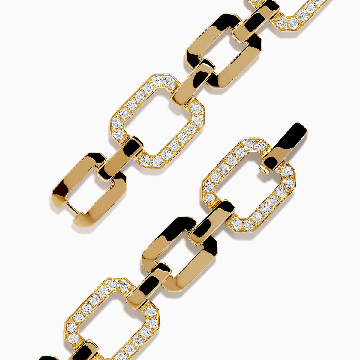 The D'Oro 14K Yellow Gold Diamond Bracelet features large rectangular links adorned with rows of sparkling diamonds, showcased against a white background.
