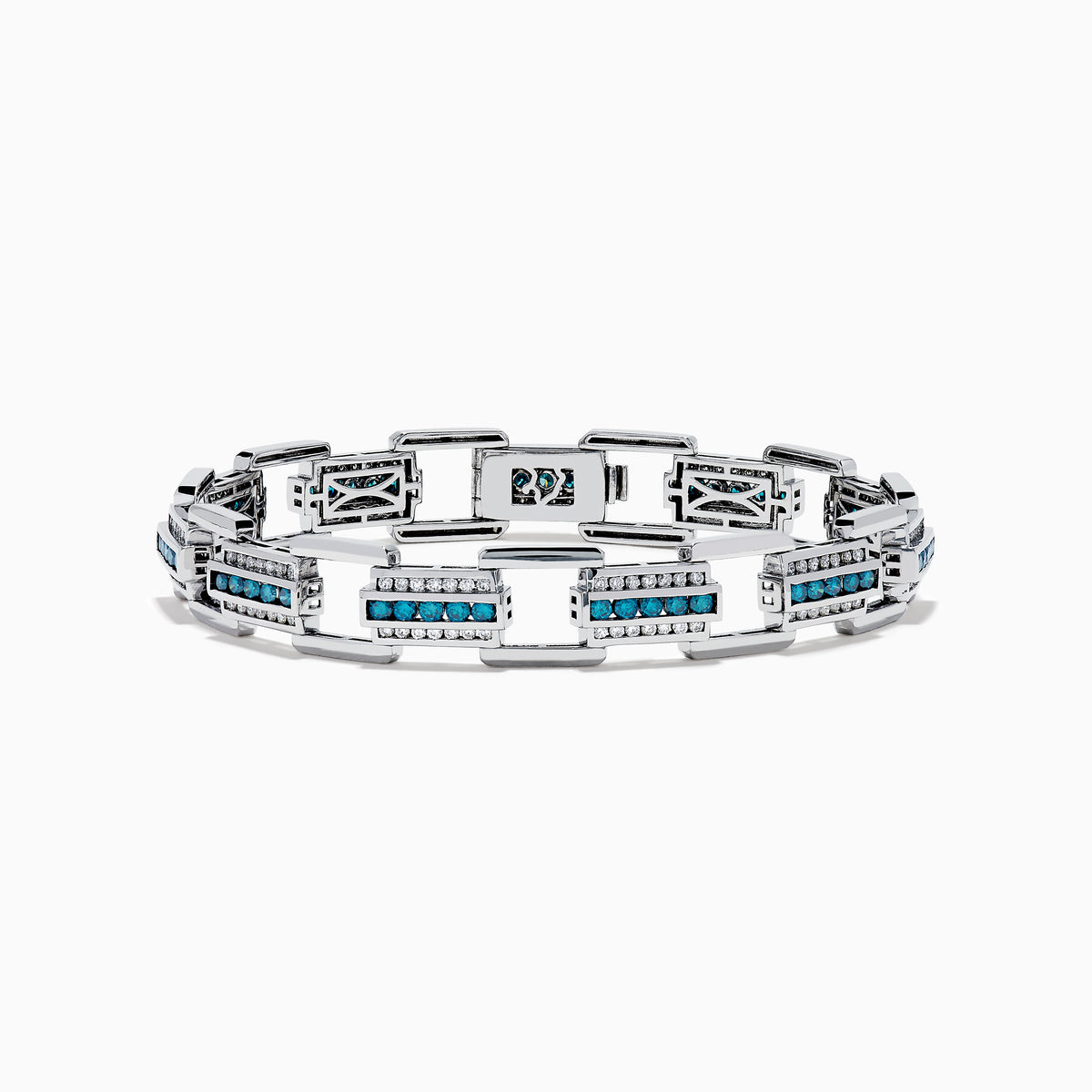 The Men's 14K White Gold Blue and White Diamond Link Bracelet features rectangular links with blue and white diamonds in geometric patterns set against a white gold background.