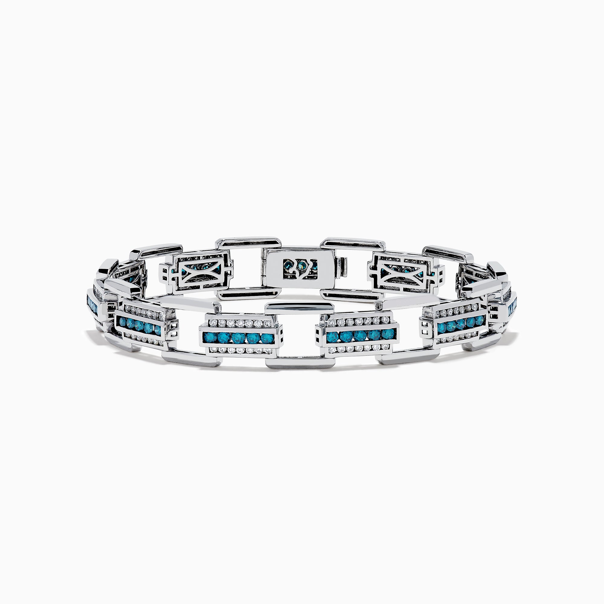 The Men's 14K White Gold Blue and White Diamond Link Bracelet features rectangular links with blue and white diamonds in geometric patterns set against a white gold background.