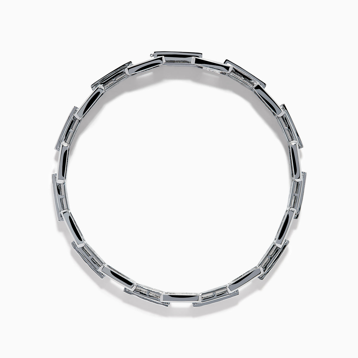The Men's 14K White Gold Blue and White Diamond Link Bracelet features rectangular links with blue and white diamonds in geometric patterns set against a white gold background.
