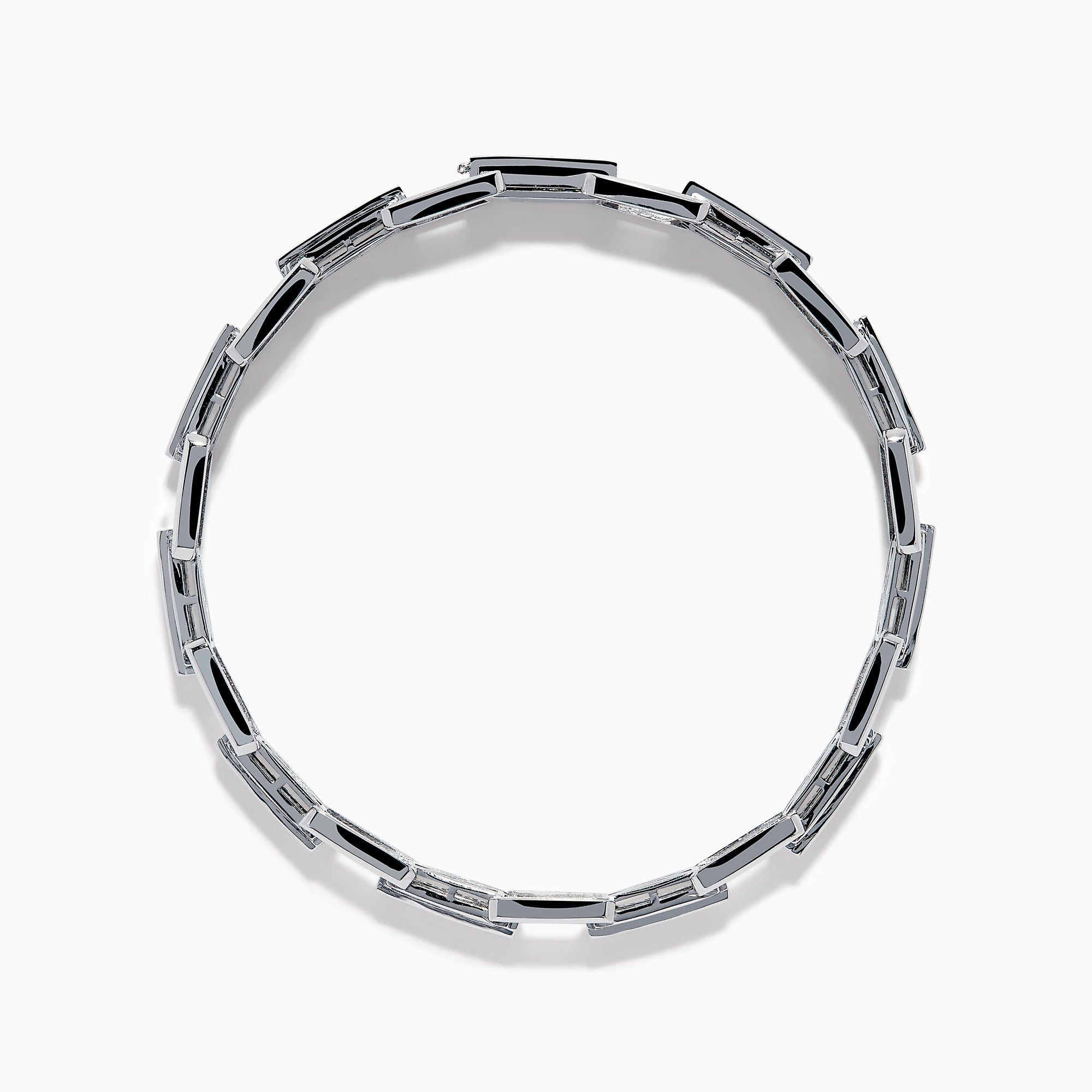 The Men's 14K White Gold Blue and White Diamond Link Bracelet features rectangular links with blue and white diamonds in geometric patterns set against a white gold background.