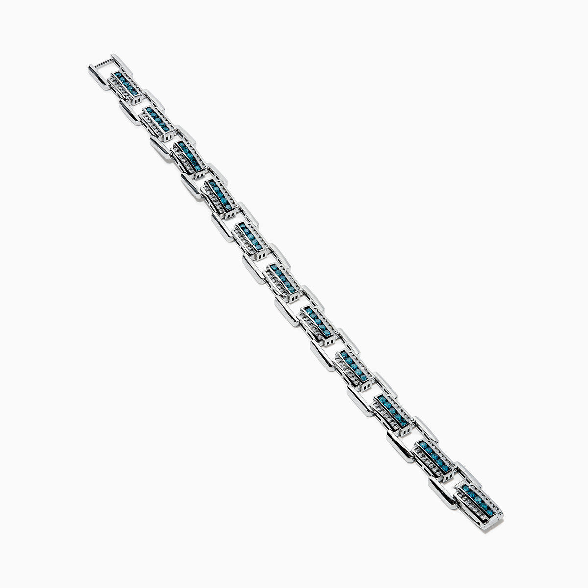 The Men's 14K White Gold Blue and White Diamond Link Bracelet features rectangular links with blue and white diamonds in geometric patterns set against a white gold background.