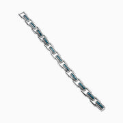 The Men's 14K White Gold Blue and White Diamond Link Bracelet features rectangular links with blue and white diamonds in geometric patterns set against a white gold background.