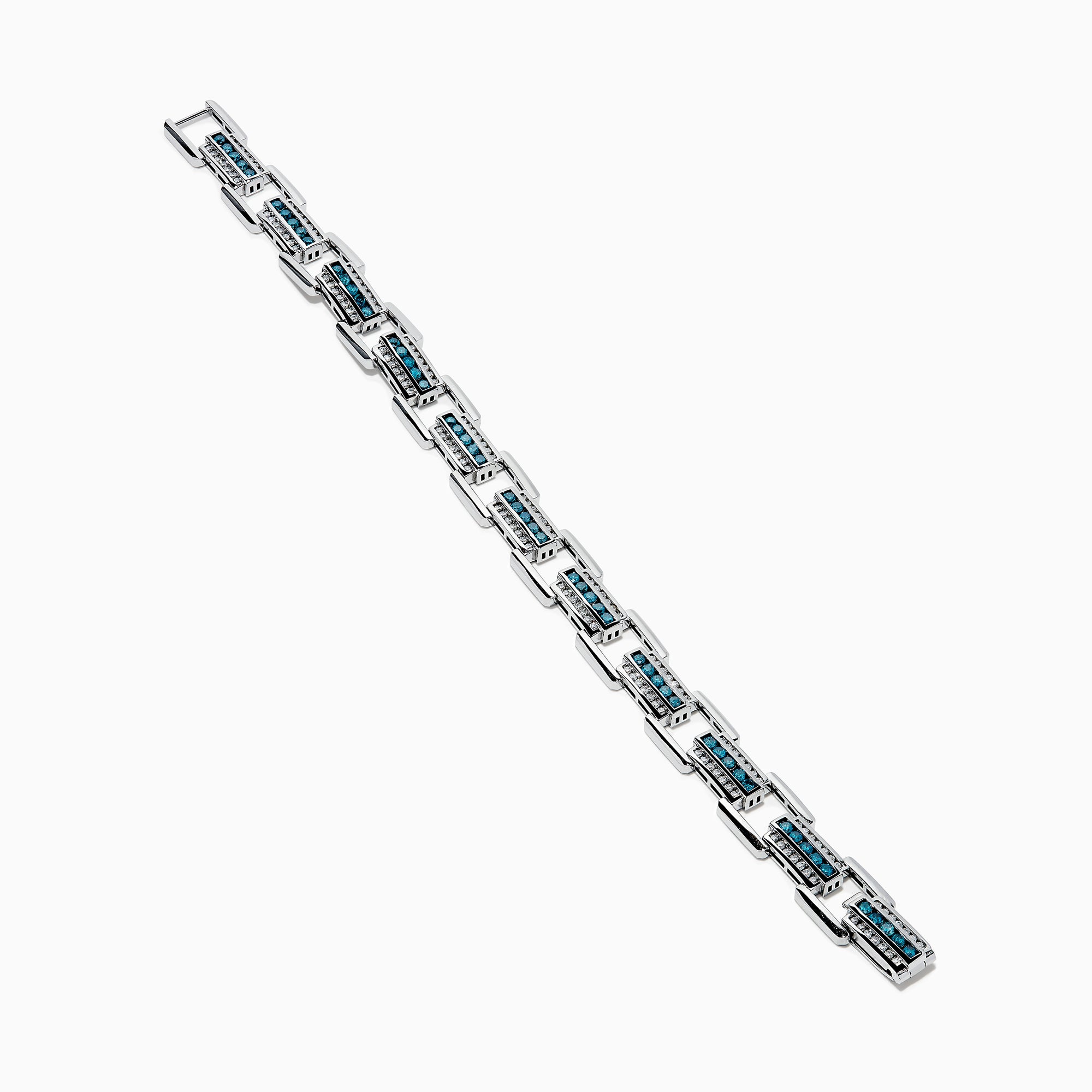 The Men's 14K White Gold Blue and White Diamond Link Bracelet features rectangular links with blue and white diamonds in geometric patterns set against a white gold background.