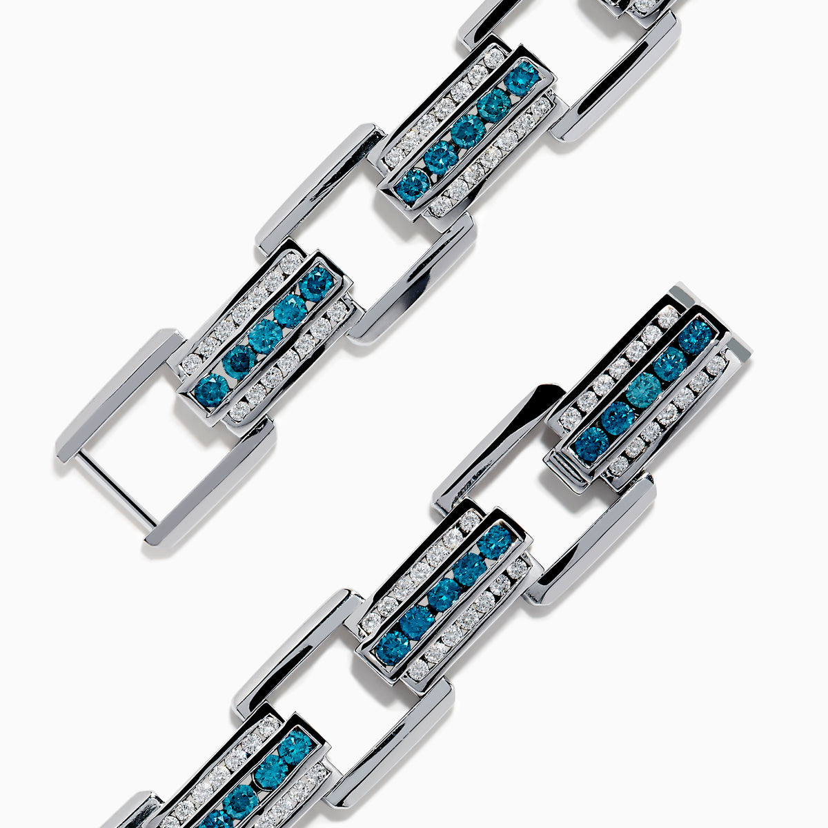 The Men's 14K White Gold Blue and White Diamond Link Bracelet features rectangular links with blue and white diamonds in geometric patterns set against a white gold background.