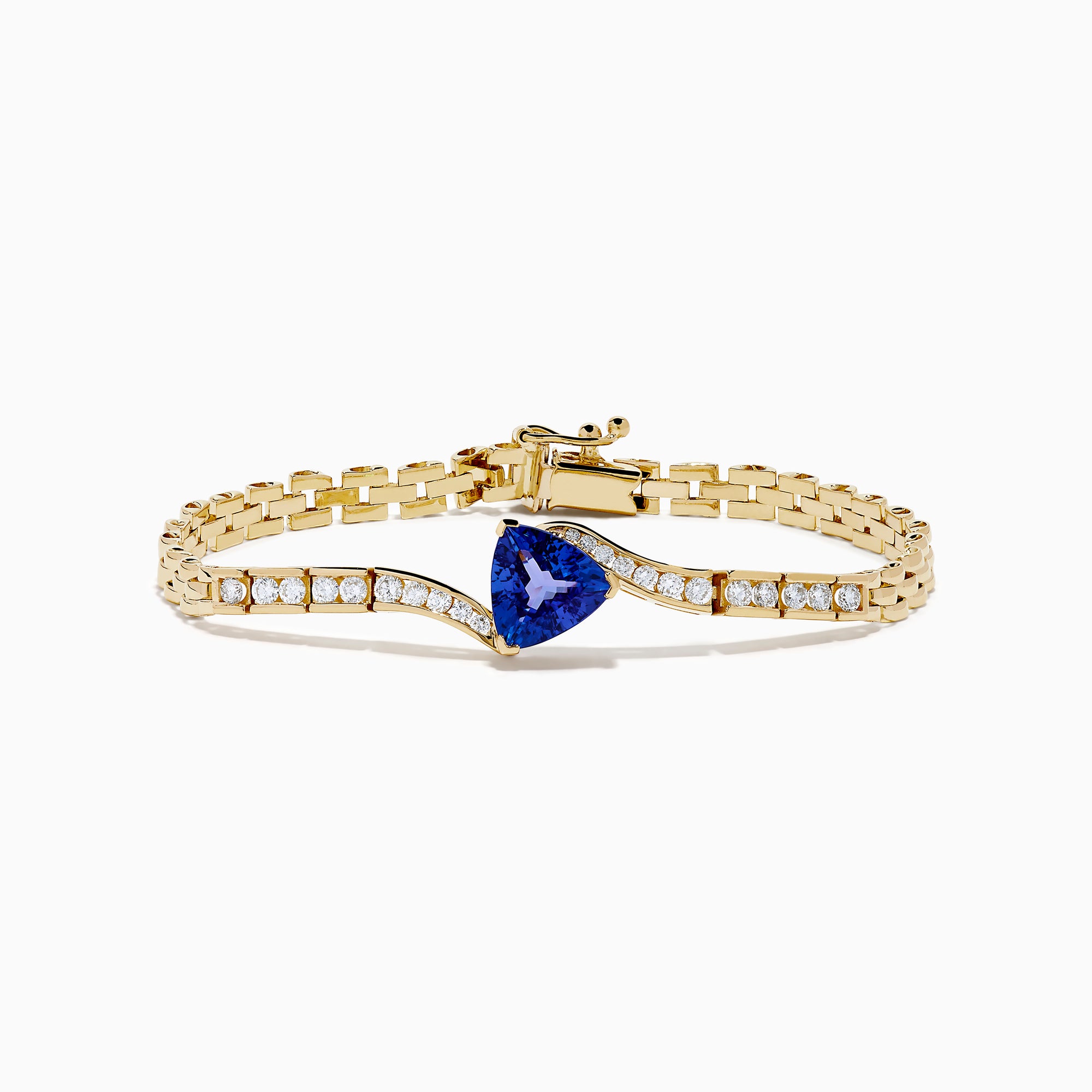 The 14K Yellow Gold Tanzanite and Diamond Chain Link Bracelet features a central triangular tanzanite gem, accented by rows of sparkling diamonds and a polished gold chain link band with a secure clasp.