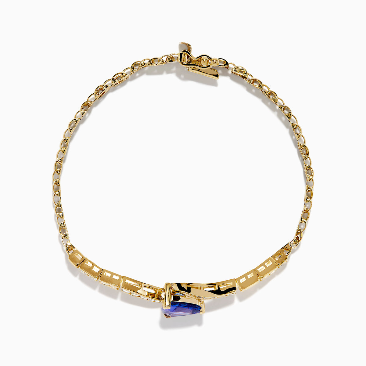 The 14K Yellow Gold Tanzanite and Diamond Chain Link Bracelet features a central triangular tanzanite gem, accented by rows of sparkling diamonds and a polished gold chain link band with a secure clasp.
