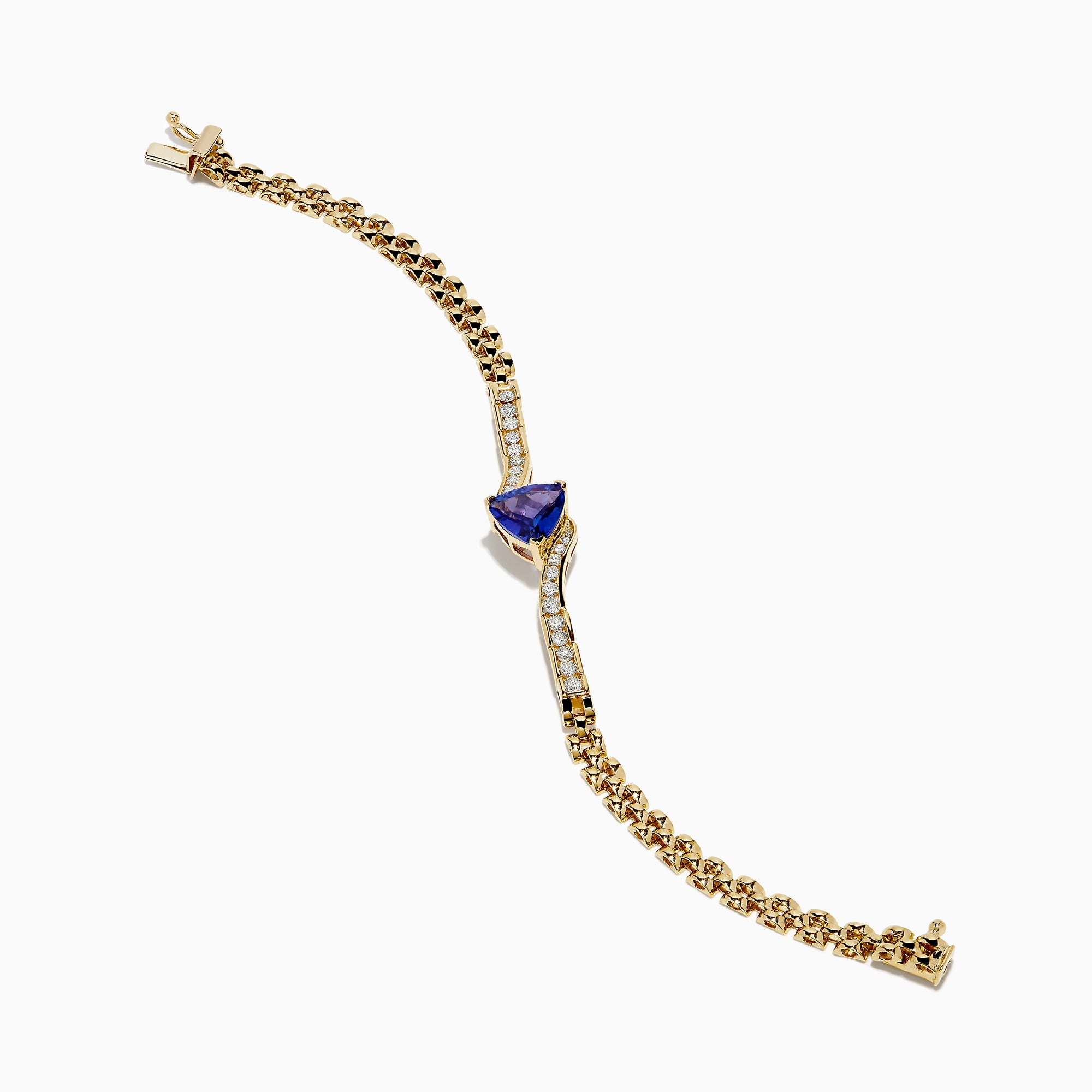 The 14K Yellow Gold Tanzanite and Diamond Chain Link Bracelet features a central triangular tanzanite gem, accented by rows of sparkling diamonds and a polished gold chain link band with a secure clasp.