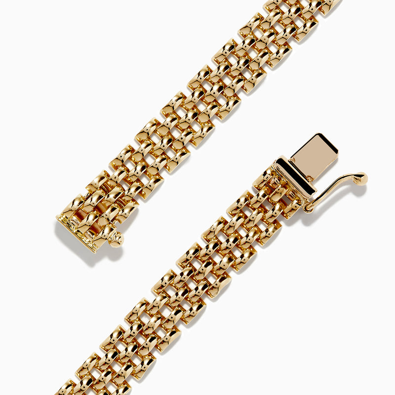 The Signature 14K Yellow Gold Sapphire and Diamond Panther Bracelet features woven gold links with two opposing diamond-encrusted panther heads, black detailing, sapphire eyes, and a central ring.