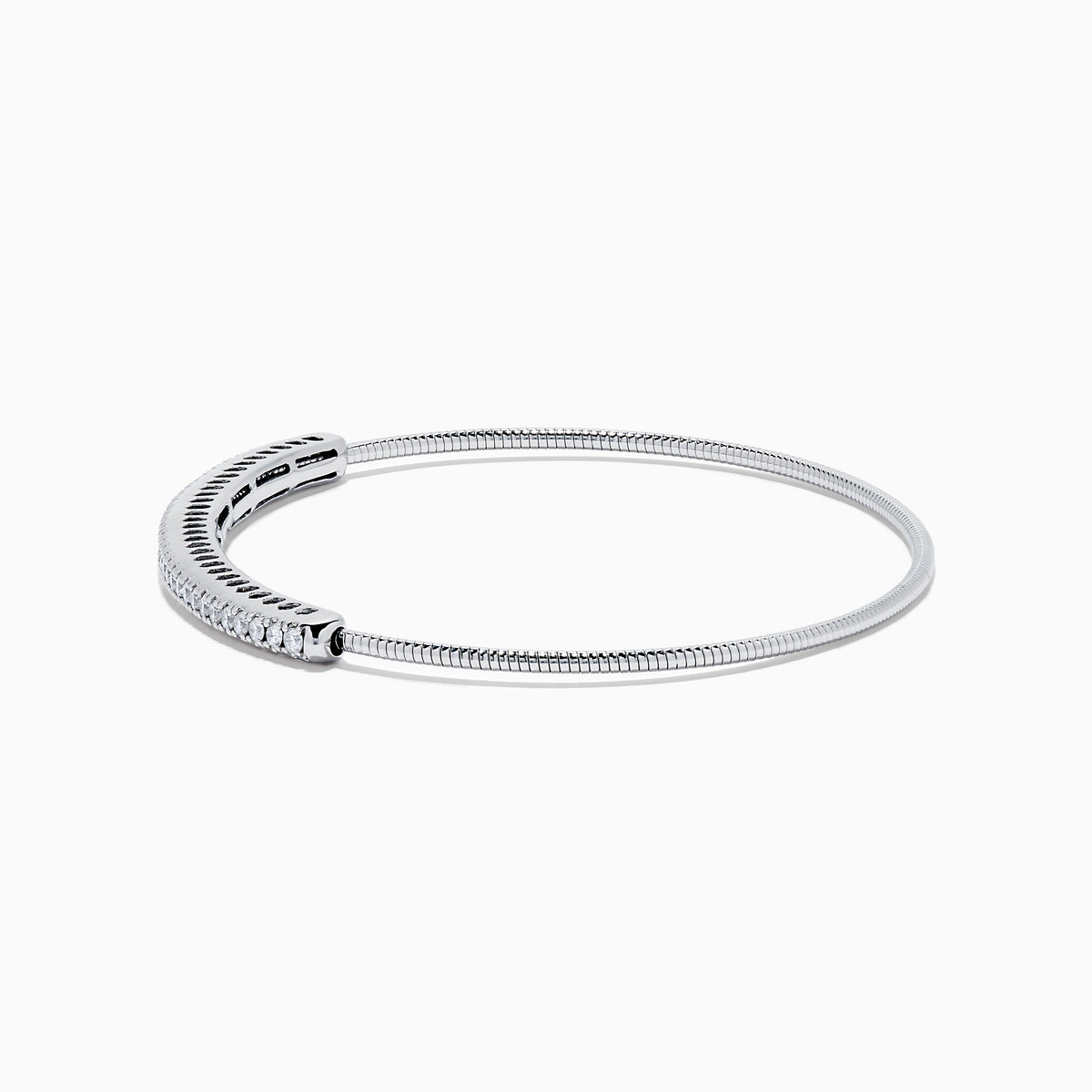 The 14K White Gold Flexible Diamond Bangle features a row of sparkling diamonds set along the top in a minimalist, elegant design, displayed on a plain white background.