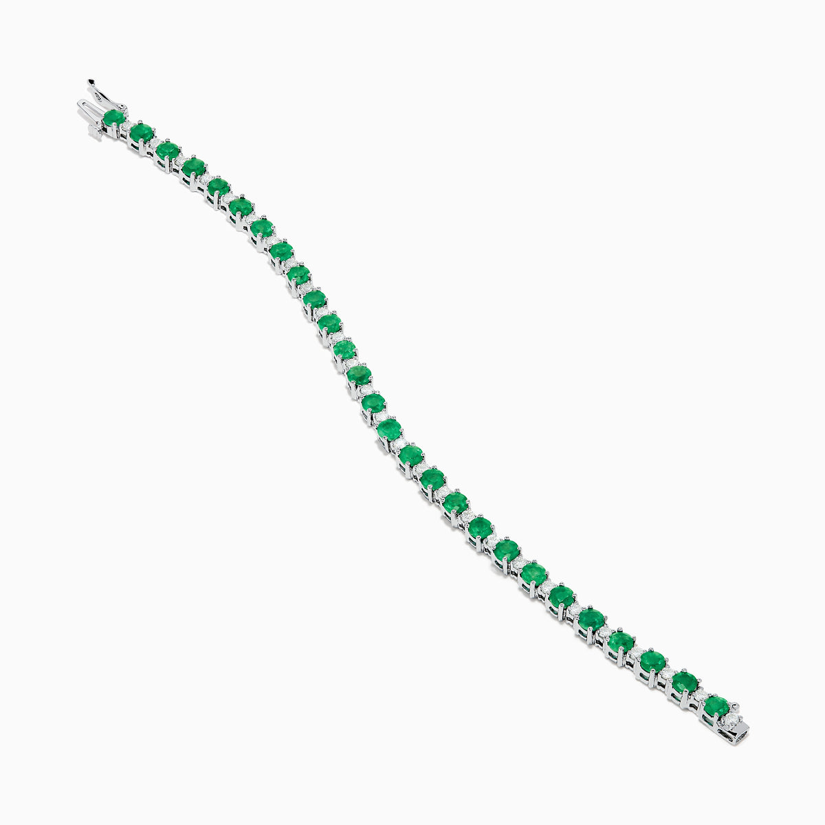 The Brasilica 14K White Gold Emerald and Diamond Tennis Bracelet features alternating round green emeralds and clear diamonds, beautifully displayed on a white background.