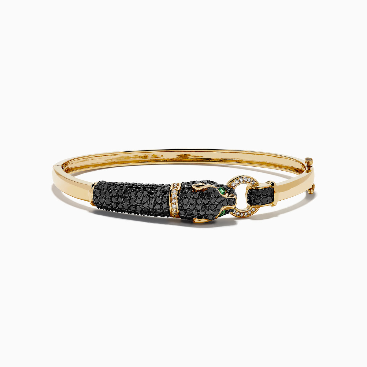 The Signature 14K Yellow Gold Black Diamond Panther Bangle showcases a black panther head with green eyes and a sparkling loop clasp set with small clear stones.