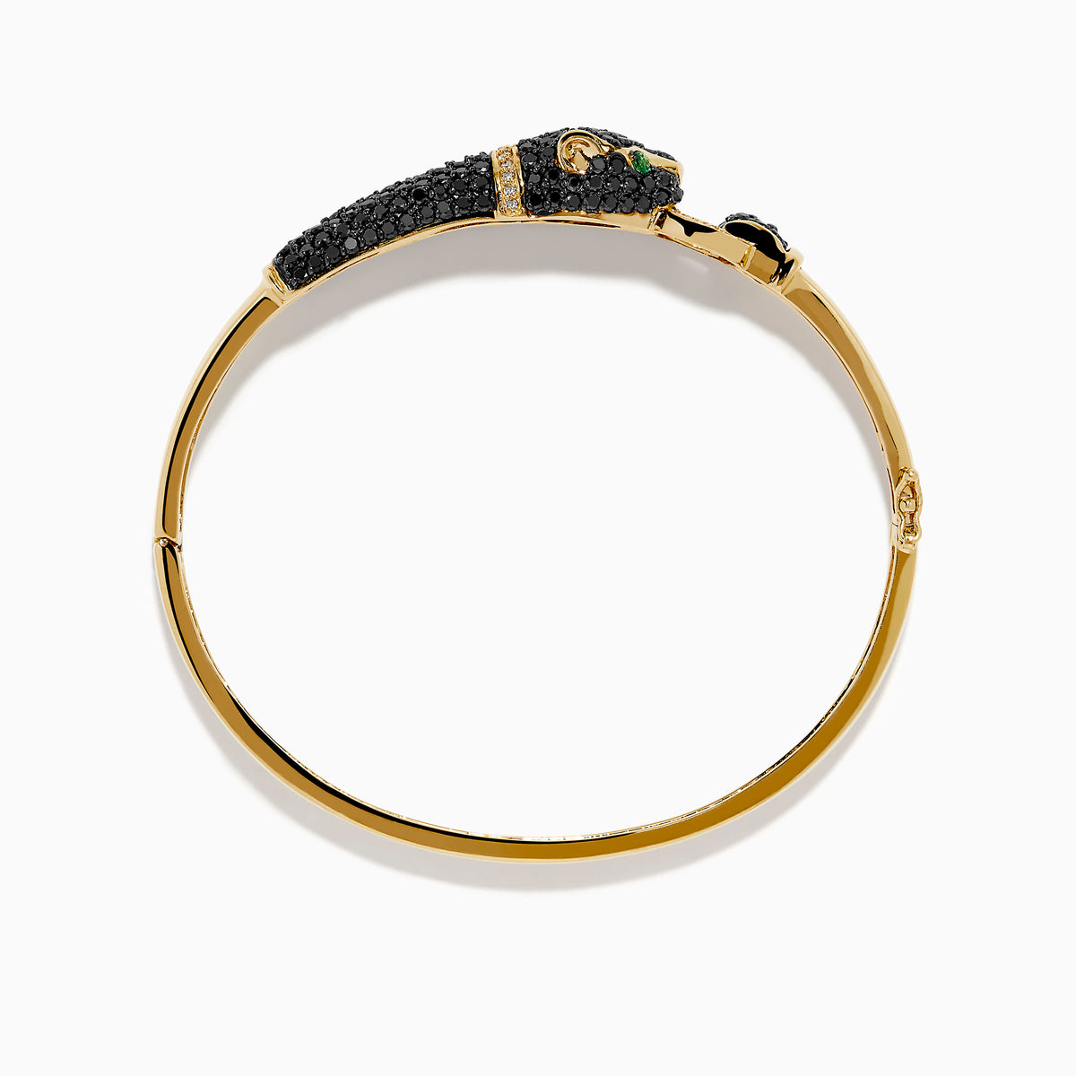 The Signature 14K Yellow Gold Black Diamond Panther Bangle showcases a black panther head with green eyes and a sparkling loop clasp set with small clear stones.
