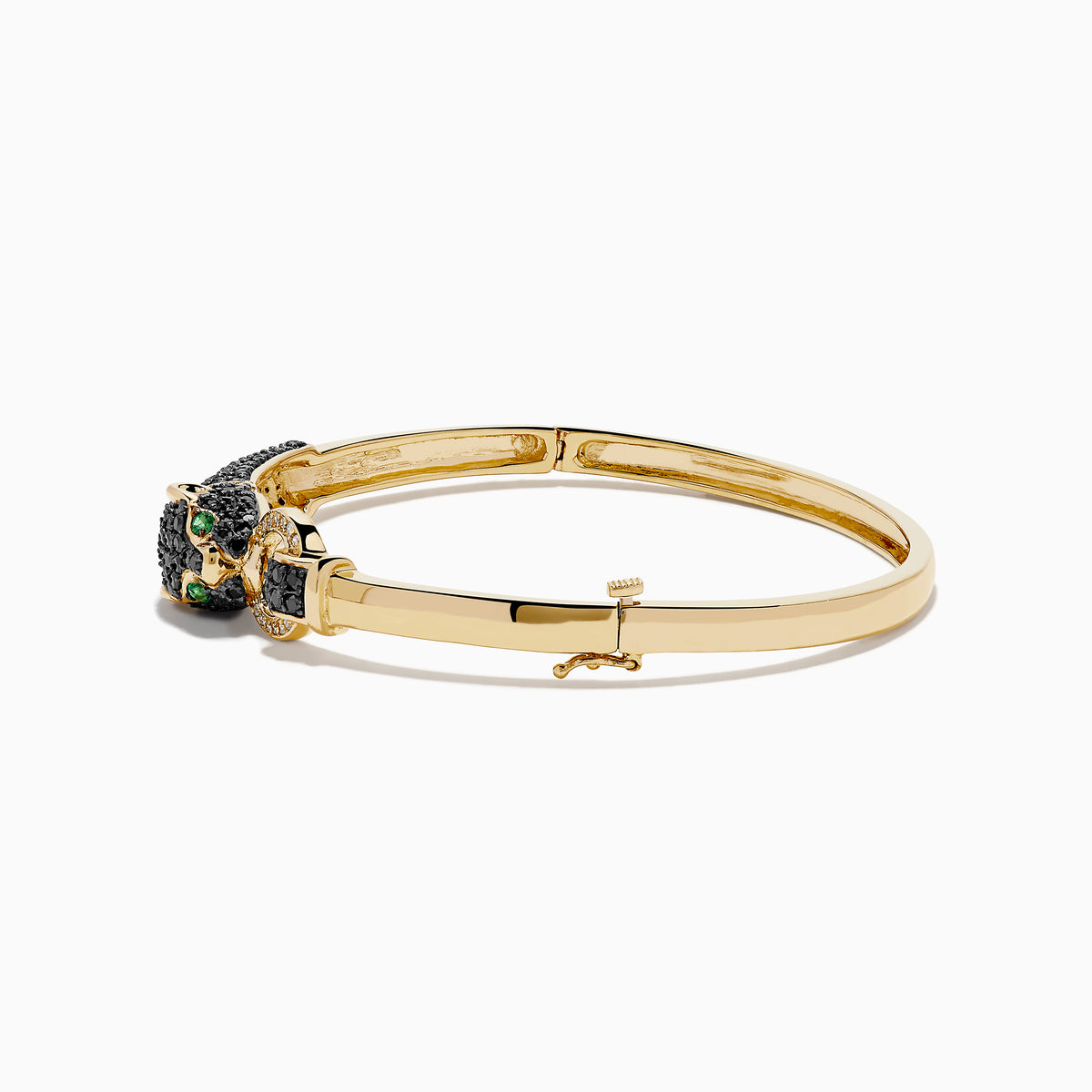 The Signature 14K Yellow Gold Black Diamond Panther Bangle showcases a black panther head with green eyes and a sparkling loop clasp set with small clear stones.
