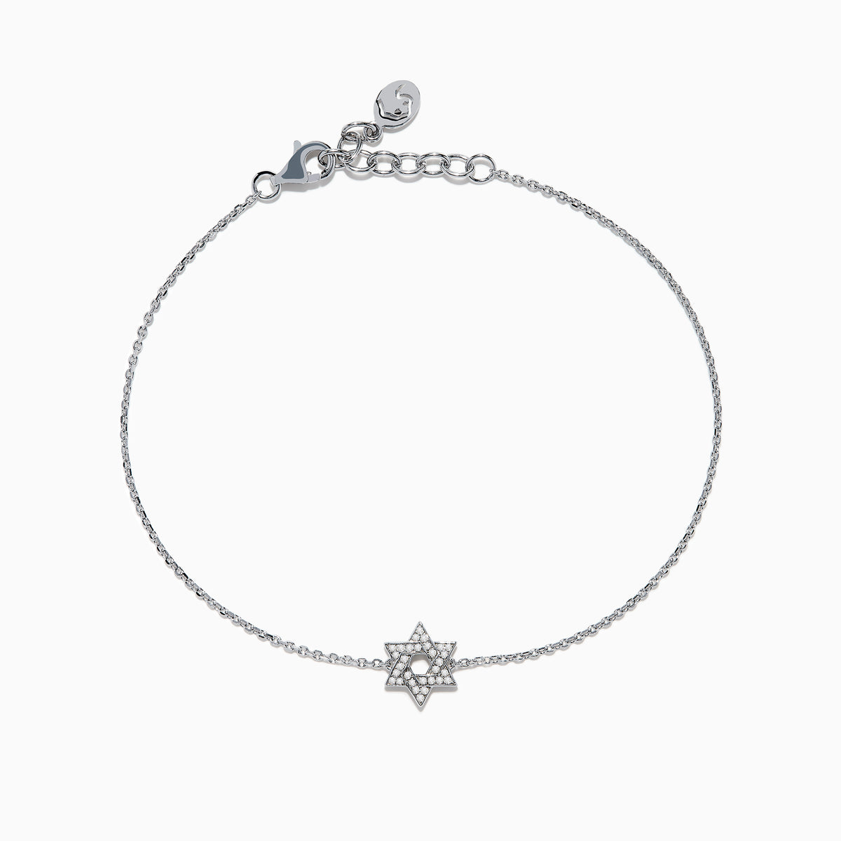 925 Sterling Silver Diamond Star of David Bracelet features a central, diamond-studded Star of David charm, adjustable clasp, and a small round tag at the end.