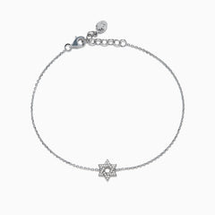 925 Sterling Silver Diamond Star of David Bracelet features a central, diamond-studded Star of David charm, adjustable clasp, and a small round tag at the end.