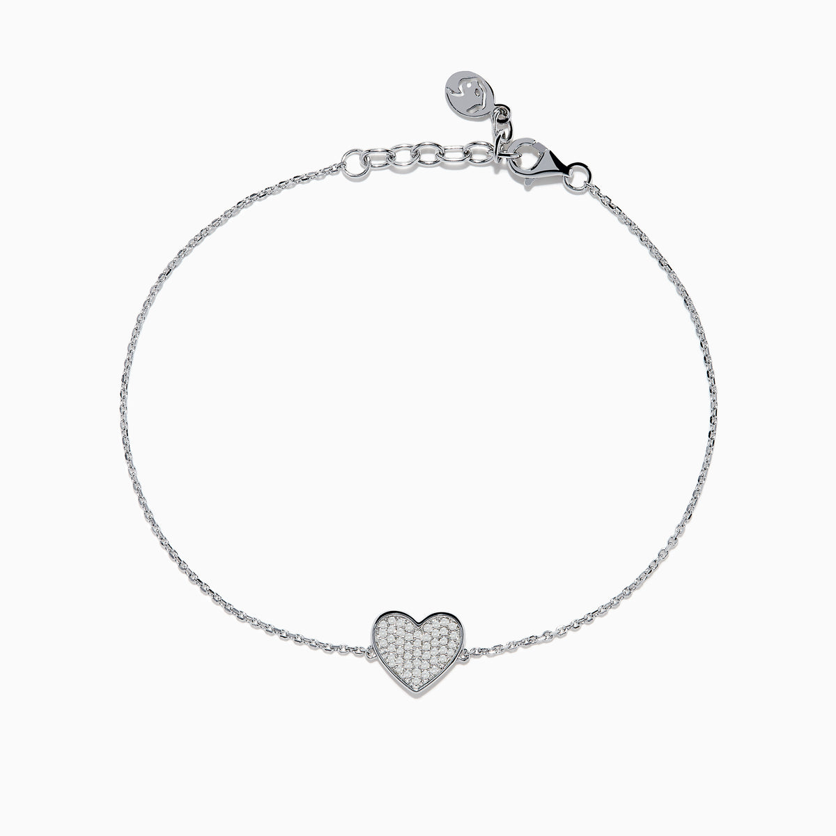 The 925 Sterling Silver Diamond Heart Bracelet features a heart-shaped charm with sparkling stones and an adjustable clasp with a small round tag.