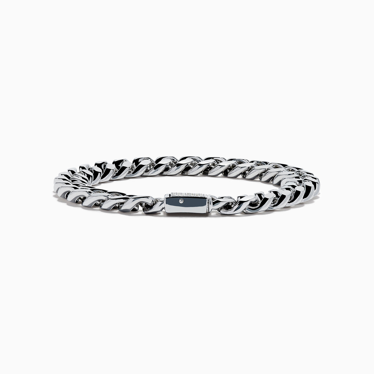 The Men's Sterling Silver Diamond Cuban Link Bracelet features a thick Cuban link chain and a rectangular clasp set with small diamonds, displayed in a circular shape on a white background.
