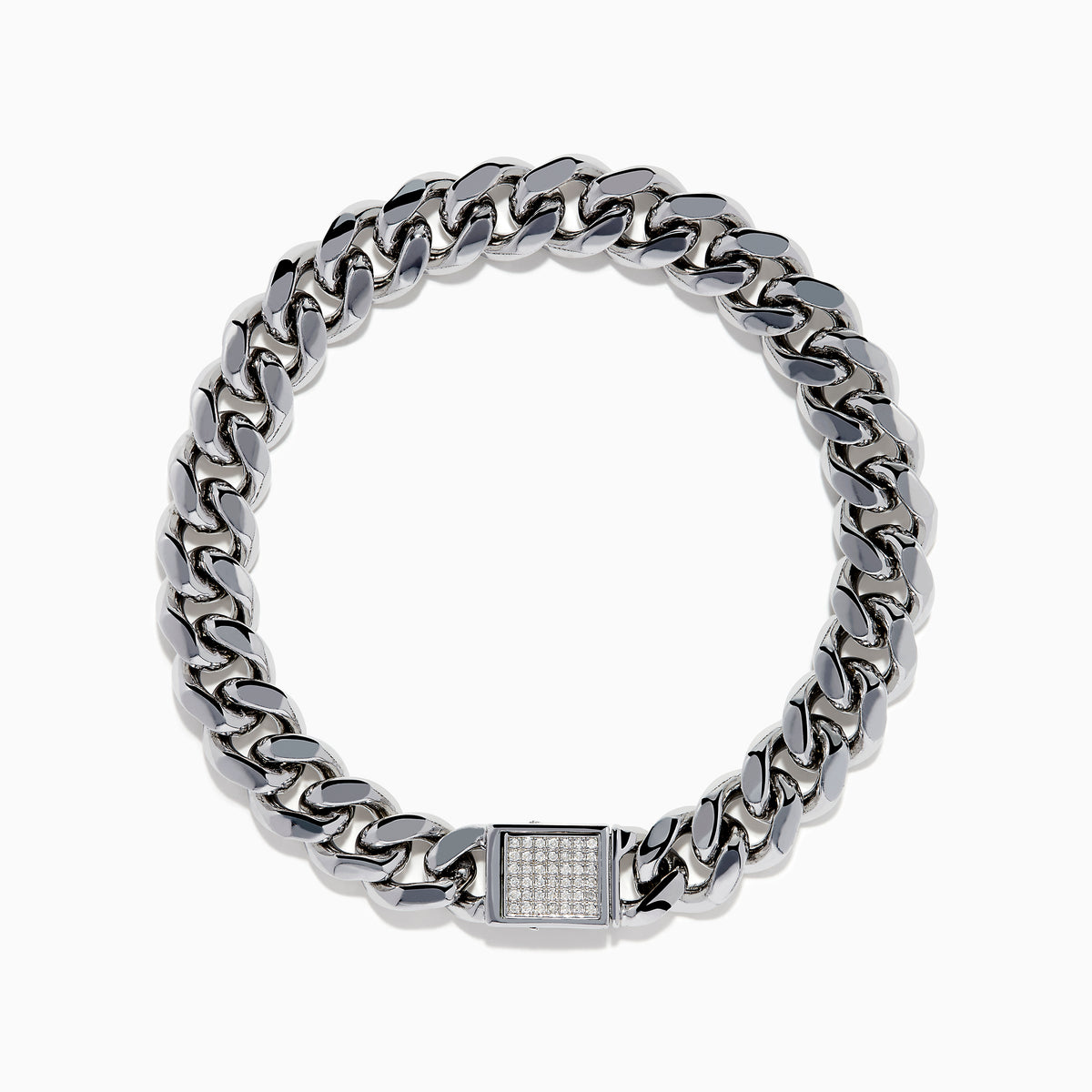 The Men's Sterling Silver Diamond Cuban Link Bracelet features a thick Cuban link chain and a rectangular clasp set with small diamonds, displayed in a circular shape on a white background.
