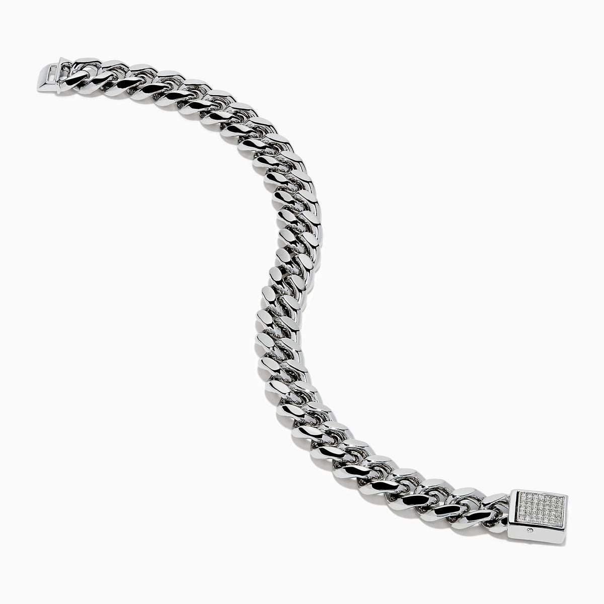 The Men's Sterling Silver Diamond Cuban Link Bracelet features a thick Cuban link chain and a rectangular clasp set with small diamonds, displayed in a circular shape on a white background.