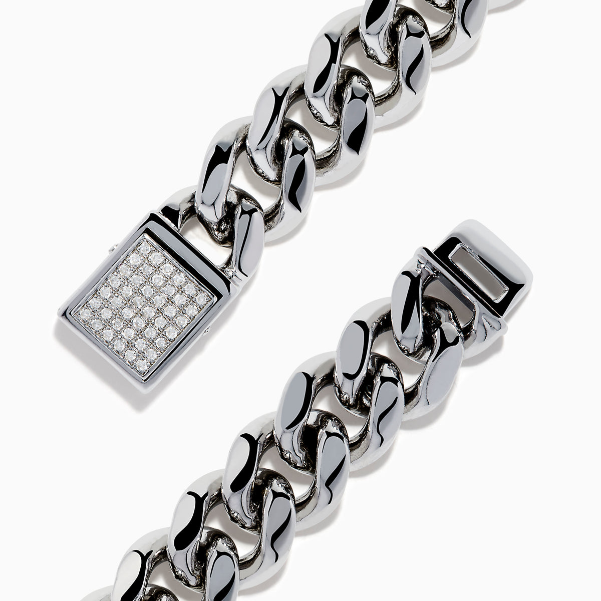 The Men's Sterling Silver Diamond Cuban Link Bracelet features a thick Cuban link chain and a rectangular clasp set with small diamonds, displayed in a circular shape on a white background.