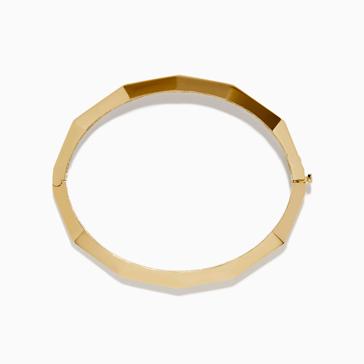 The 14K Yellow Gold Geometric Bamboo Bangle features an octagonal shape, a reflective surface, patterned textured sides in brown and gold hues, and slender raised edges inspired by geometric bamboo design.