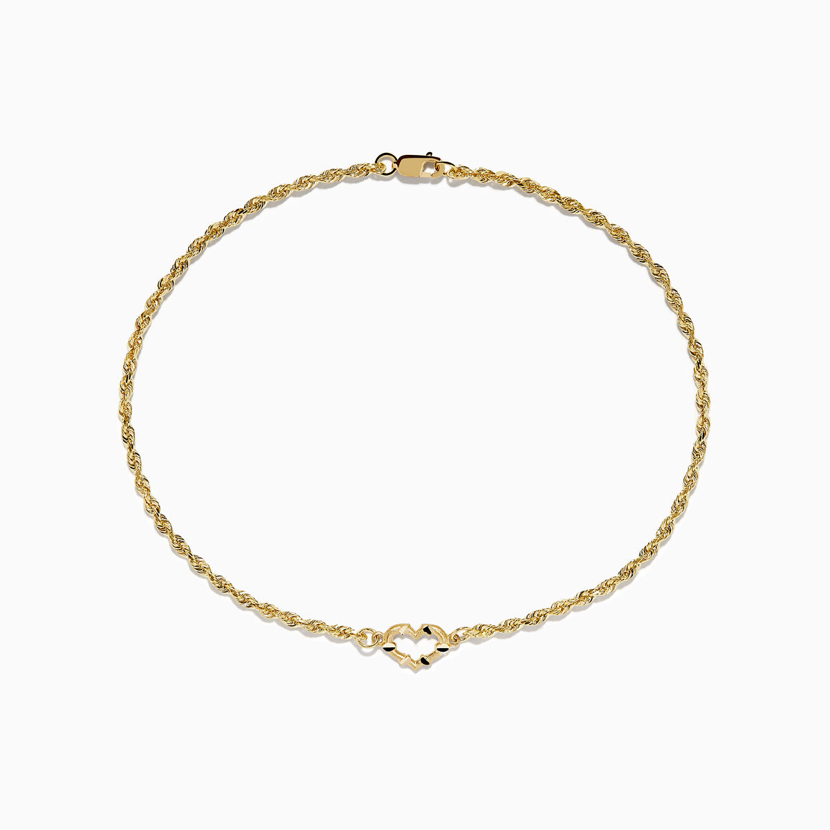 A 14K yellow gold open heart solid glitter chain ankle bracelet, 10 in length, displayed against a plain white background.