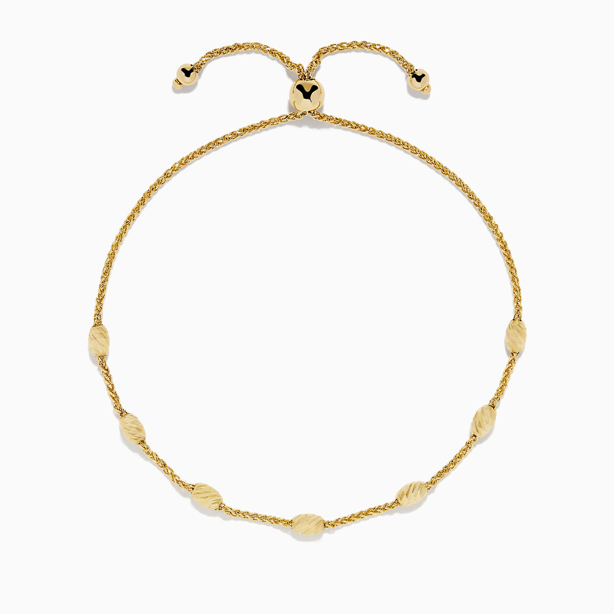 The 14K Yellow Gold Wheat Bolo Chain Bracelet features a twisted rope design with evenly spaced textured gold beads and an adjustable sliding clasp with decorative end pieces.