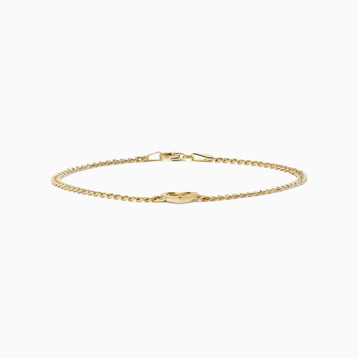 The 14K Yellow Gold Heart Curb Chain Bracelet features a delicate heart-shaped charm on a classic curb chain, shown on a plain white background.