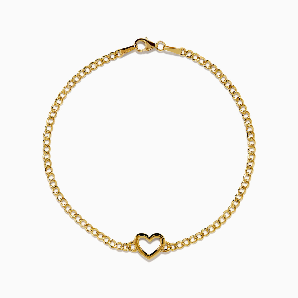 The 14K Yellow Gold Heart Curb Chain Bracelet features a delicate heart-shaped charm on a classic curb chain, shown on a plain white background.