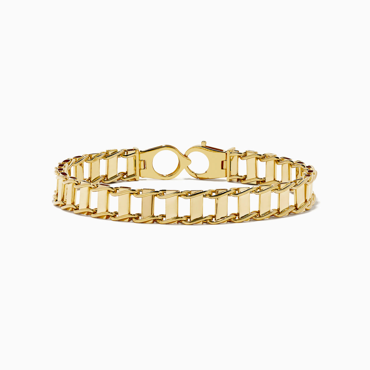 The Mens 14K Yellow Gold Hollow Railroad Bracelet features rectangular links and a lobster clasp, shown on a white background—a refined chain bracelet ideal for everyday elegance.
