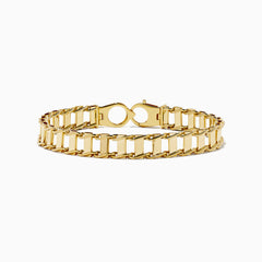 The Mens 14K Yellow Gold Hollow Railroad Bracelet features rectangular links and a lobster clasp, shown on a white background—a refined chain bracelet ideal for everyday elegance.