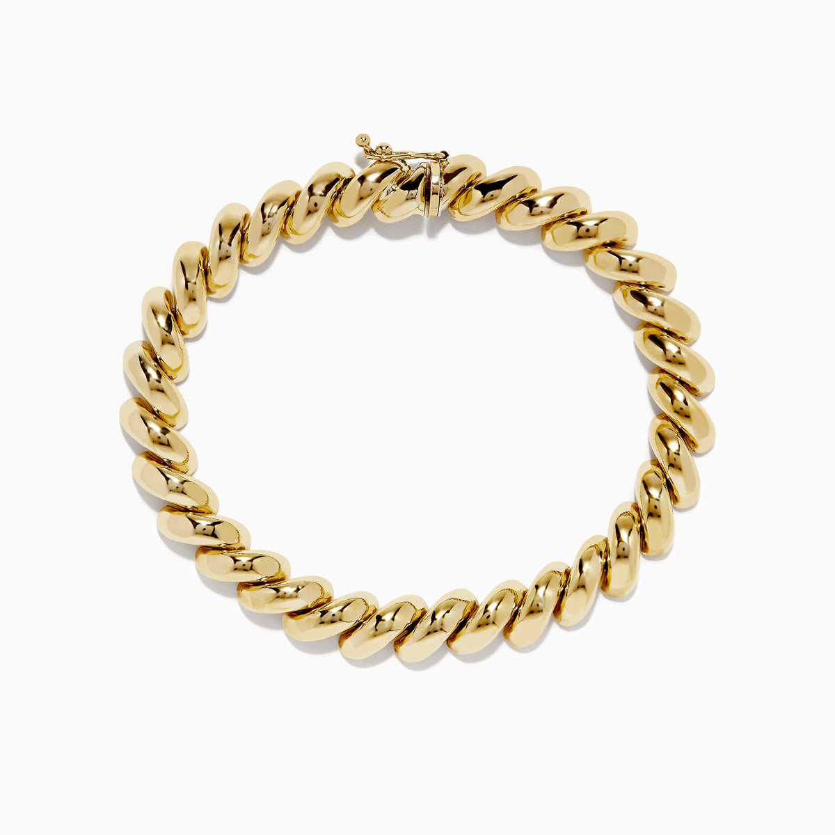 A 14K yellow gold San Marco chain bracelet, 7.5 long, features large twisted oval links and a secure clasp, displayed in a circular shape on a white background. Matching necklace available.