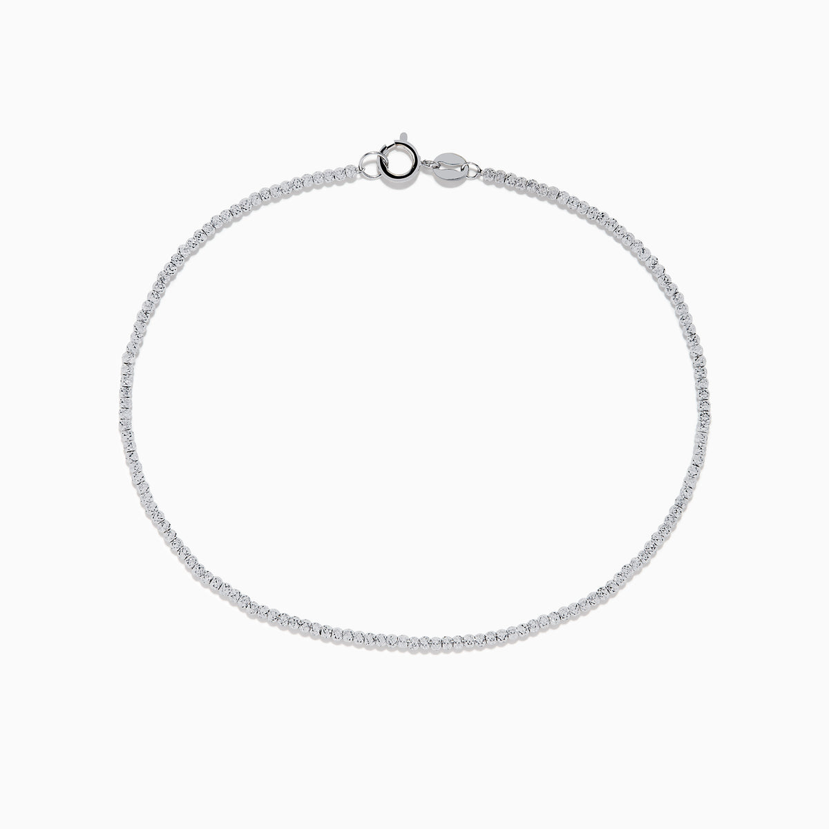 The 14K White Gold Bead Bracelet features small, evenly spaced round beads on a fine chain and includes a lobster clasp closure, displayed in a circular shape.