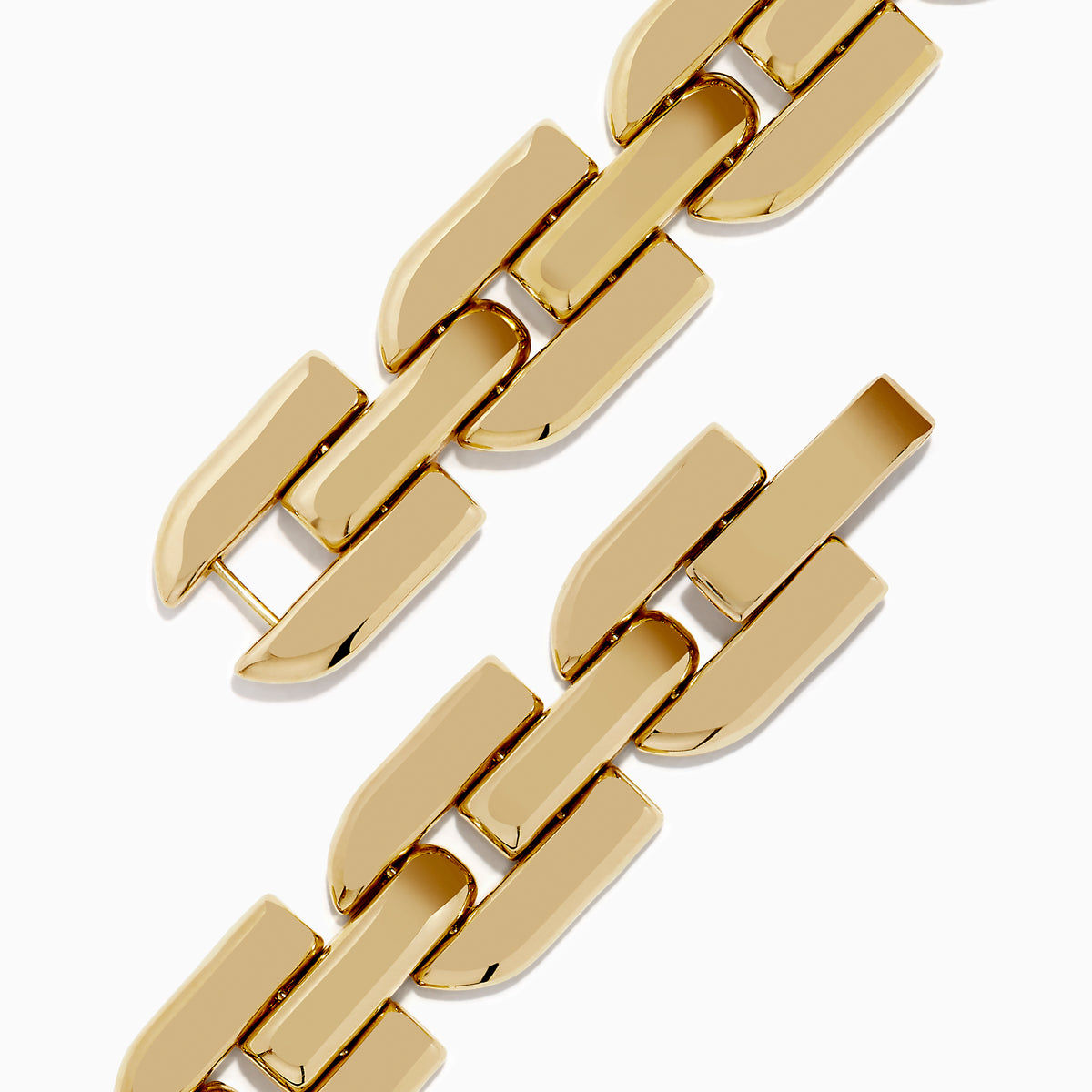 The 14K Yellow Gold Hollow Link Bracelet features thick, interlocking rectangular links with smooth, polished surfaces, shown against a white background.