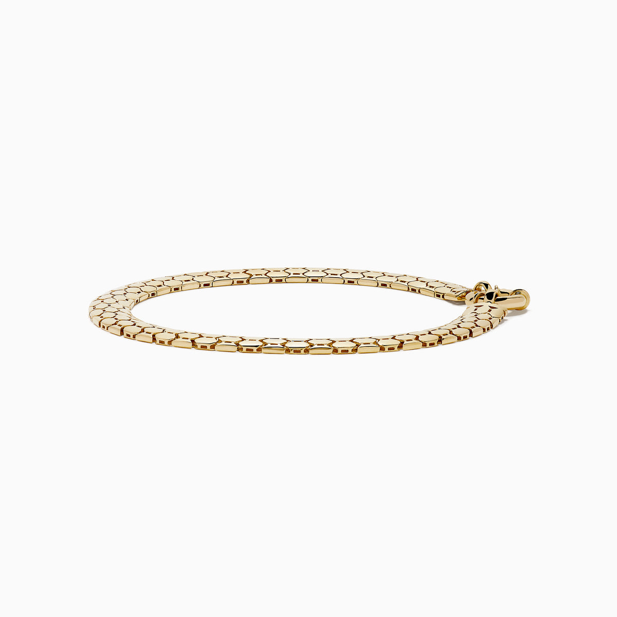 A thick, 14 karat yellow gold hollow snake skin bracelet with a round clasp, displayed in a circular shape on a white background.