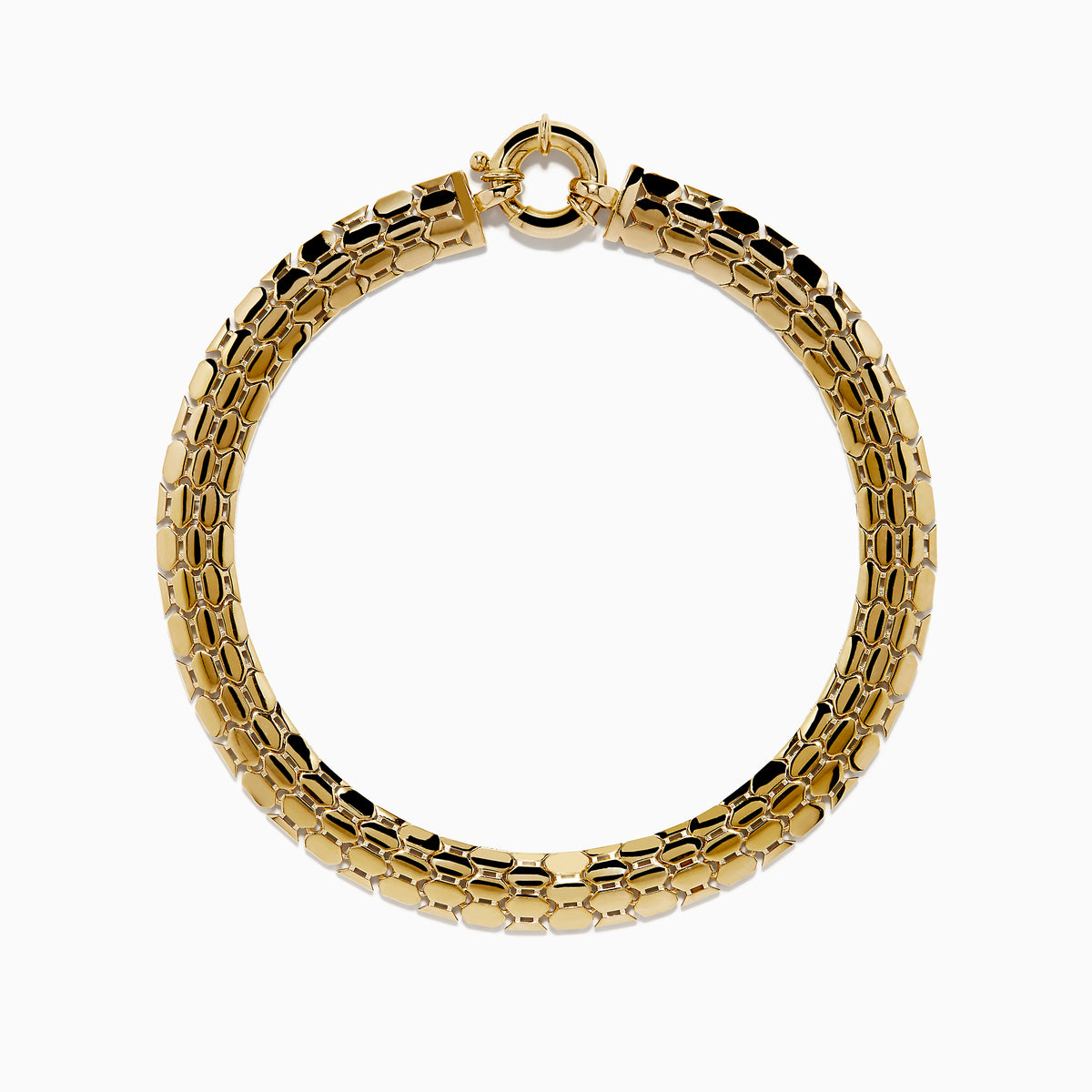 A thick, 14 karat yellow gold hollow snake skin bracelet with a round clasp, displayed in a circular shape on a white background.