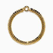 A thick, 14 karat yellow gold hollow snake skin bracelet with a round clasp, displayed in a circular shape on a white background.