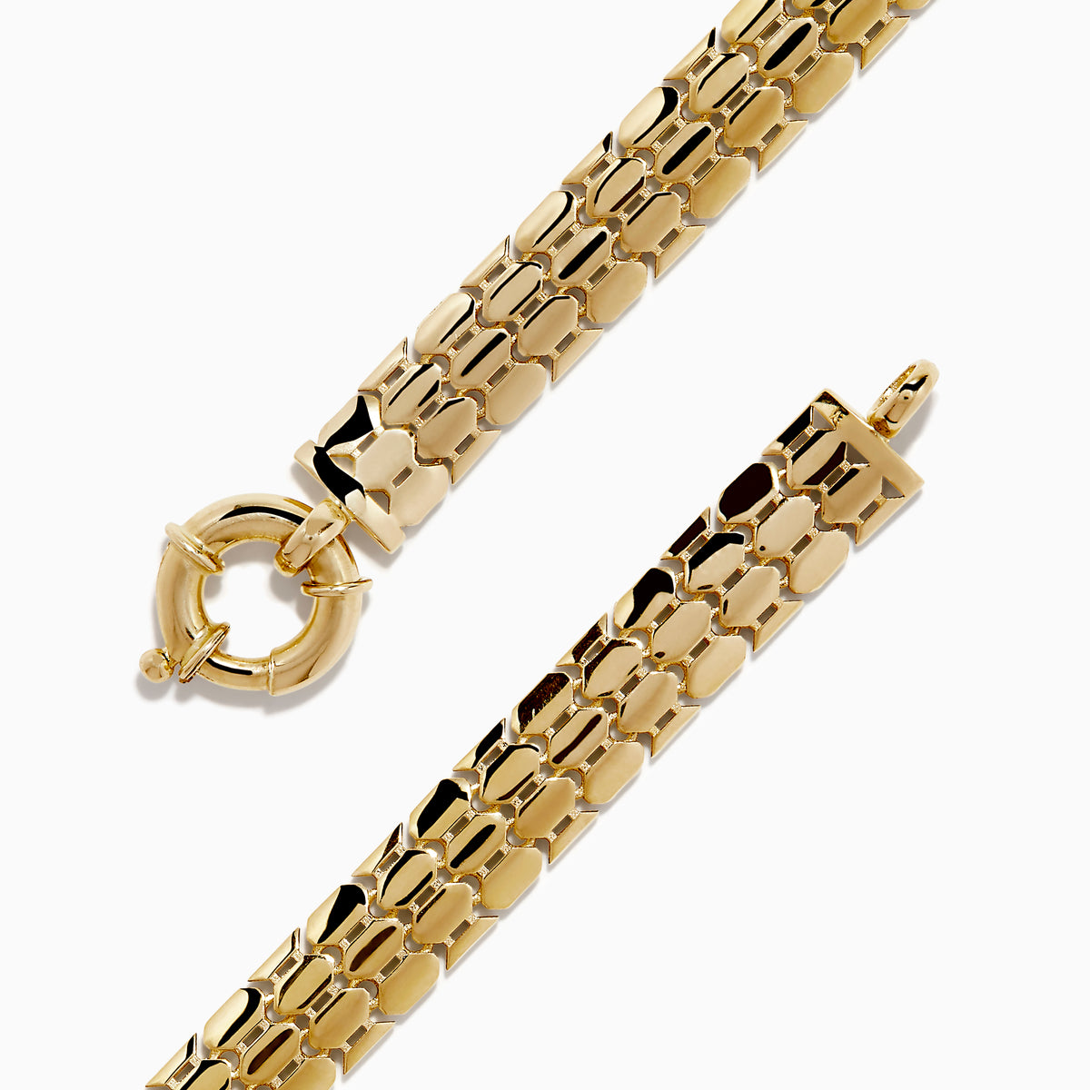 A thick, 14 karat yellow gold hollow snake skin bracelet with a round clasp, displayed in a circular shape on a white background.