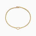 The 14K Yellow Gold Open Heart Rope Chain Bracelet 7.5 features a rope chain, an open heart centerpiece, and a secure lobster clasp, beautifully displayed on a plain white background.