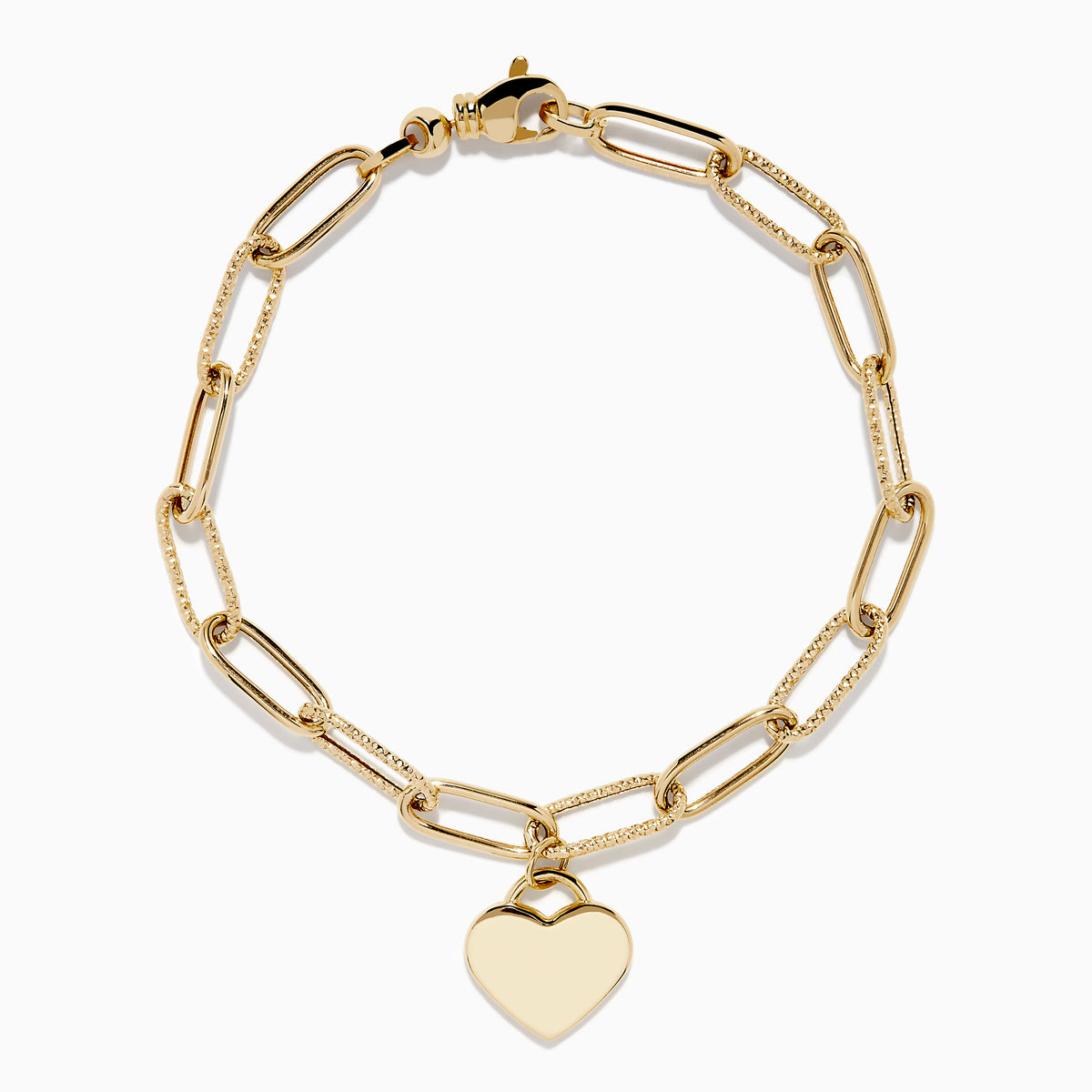 A 14K yellow gold paperclip chain bracelet featuring elongated textured links and a heart charm at the center, displayed on a white background.