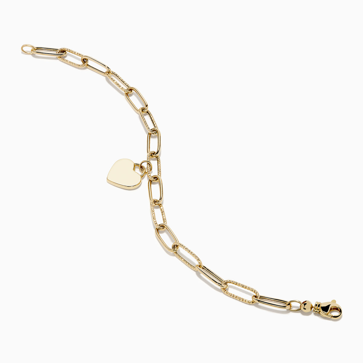 A 14K yellow gold paperclip chain bracelet featuring elongated textured links and a heart charm at the center, displayed on a white background.
