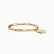 The 14K Yellow Gold Paperclip Bracelet with Padlock Charm features elongated links and a central padlock charm.