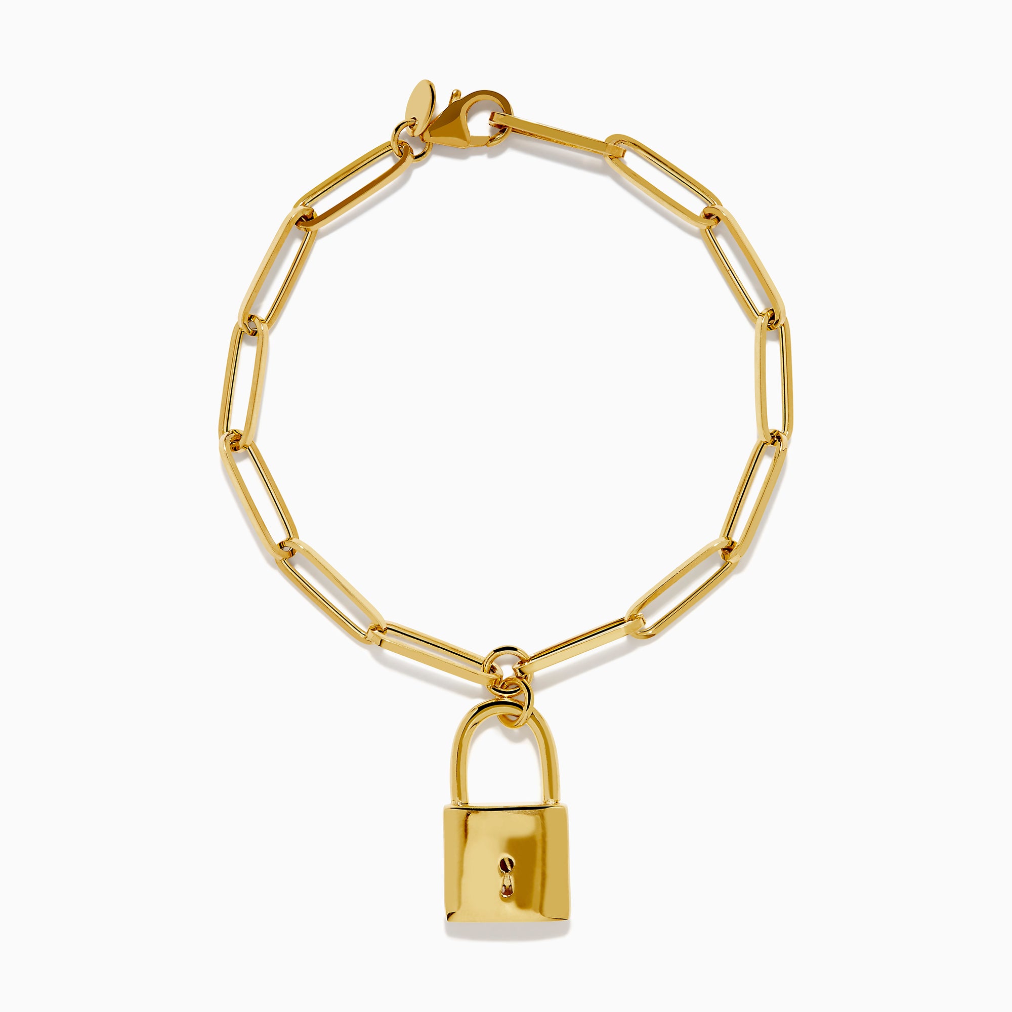 The 14K Yellow Gold Paperclip Bracelet with Padlock Charm features elongated links and a central padlock charm.