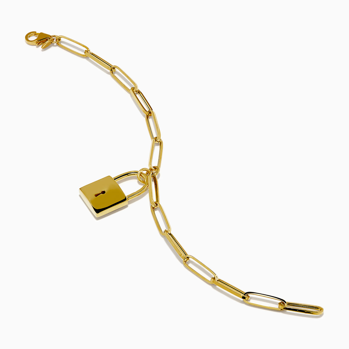 The 14K Yellow Gold Paperclip Bracelet with Padlock Charm features elongated links and a central padlock charm.