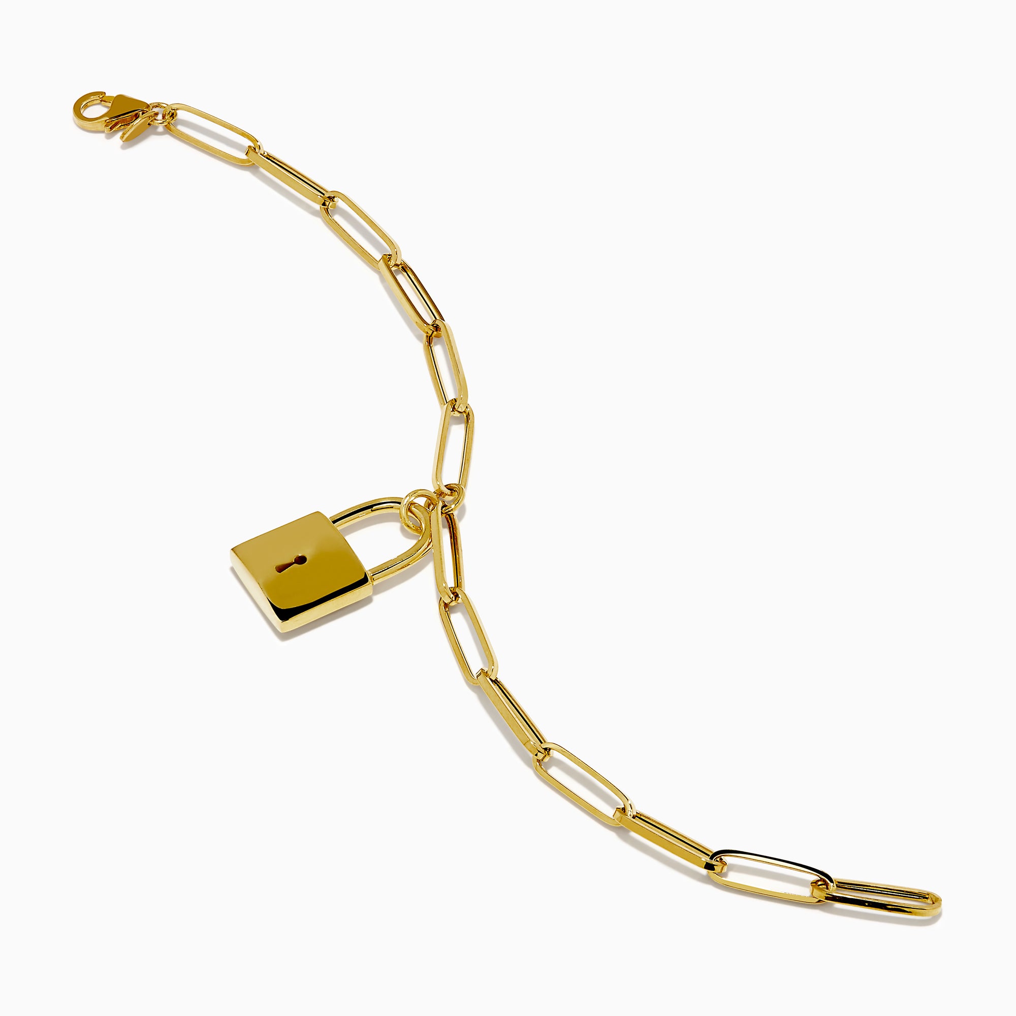 The 14K Yellow Gold Paperclip Bracelet with Padlock Charm features elongated links and a central padlock charm.