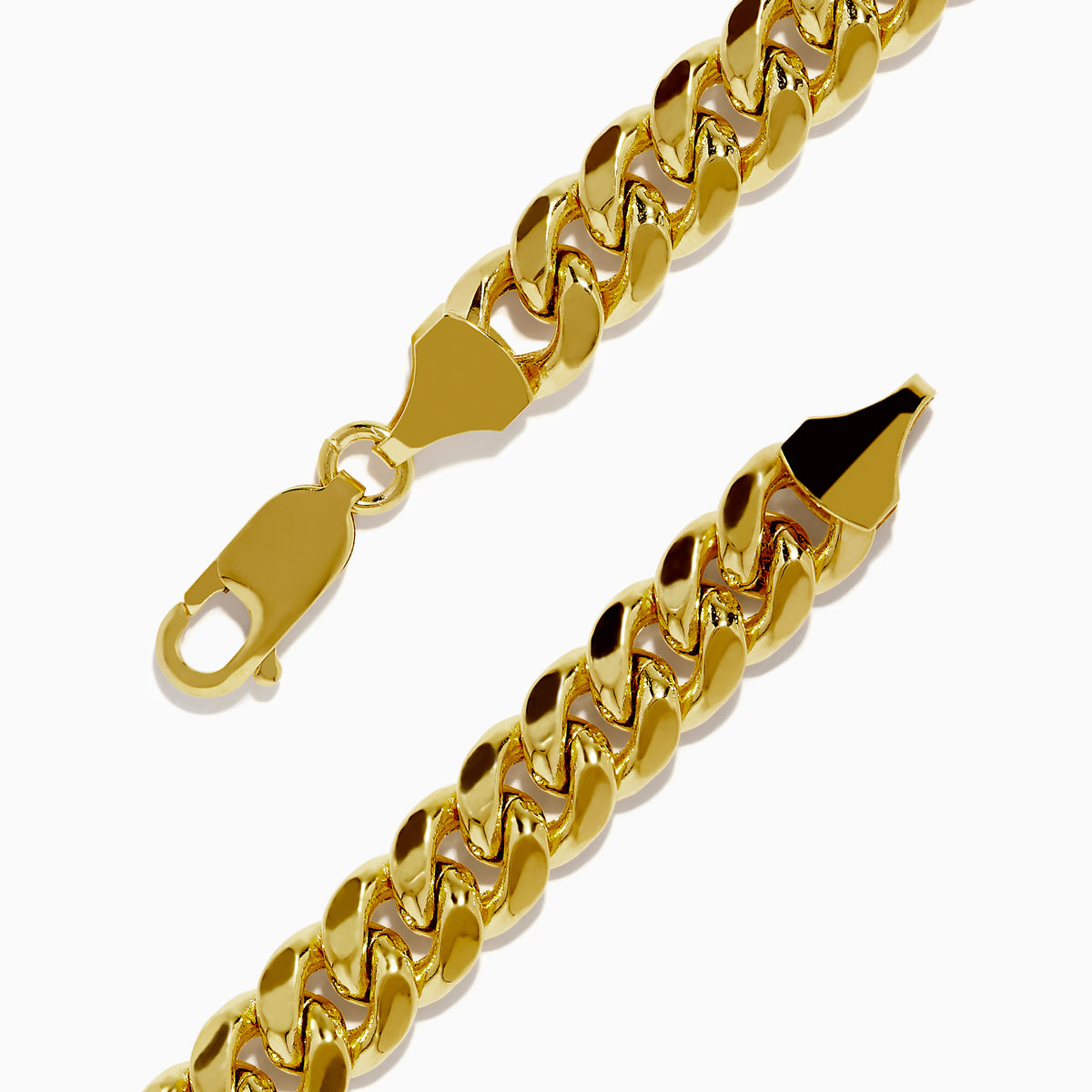 The Mens 14K Yellow Gold Hollow Curb Chain Link Bracelet, 8.5, features a lobster clasp and is shown in a circular shape against a plain white background.