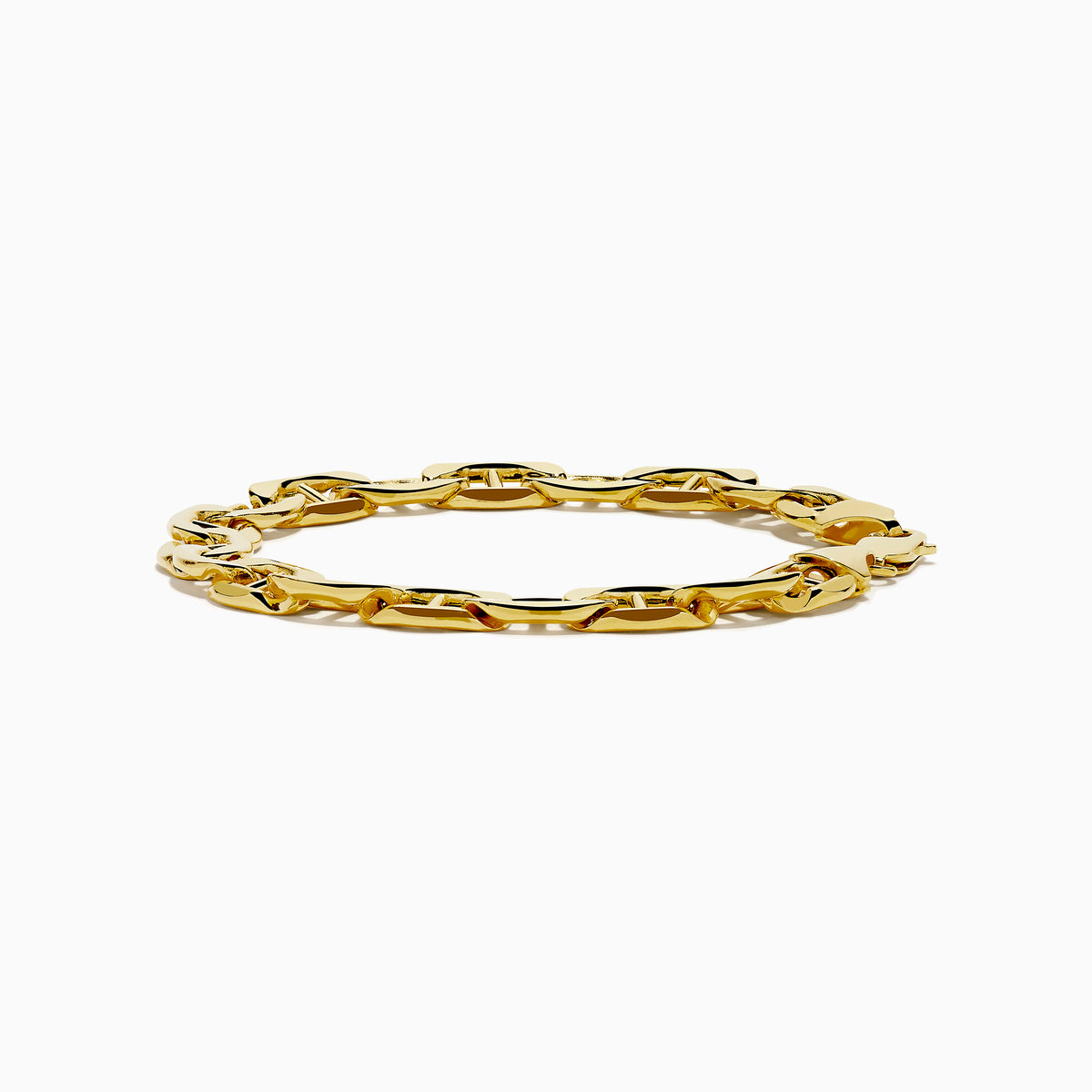 Men's 14K yellow gold heavy hollow mariner chain bracelet featuring thick oval links and a lobster clasp, displayed in a circular shape on a white background.