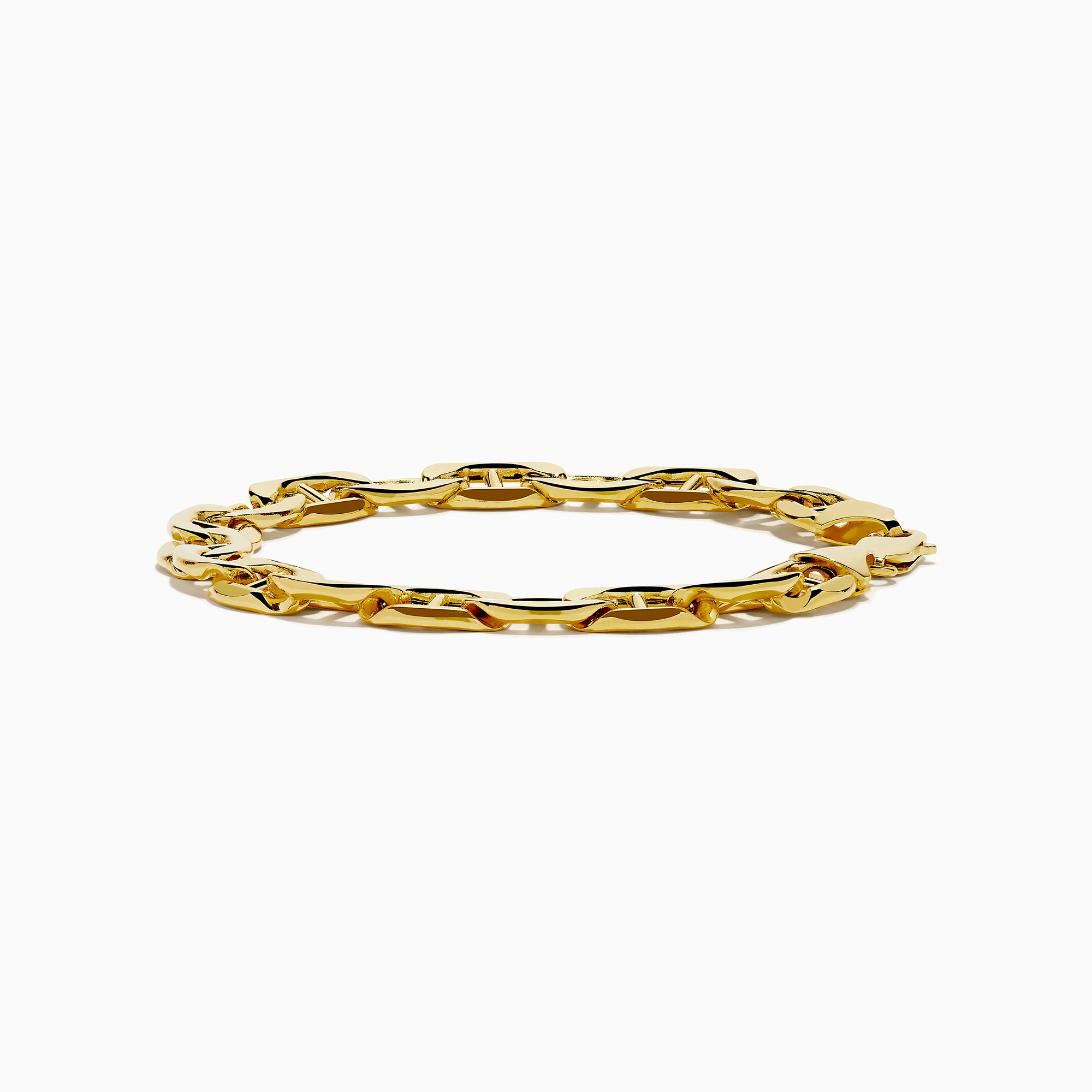 Men's 14K yellow gold heavy hollow mariner chain bracelet featuring thick oval links and a lobster clasp, displayed in a circular shape on a white background.